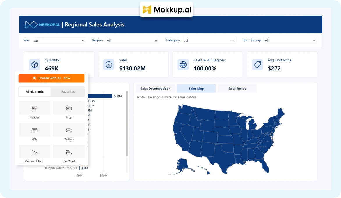 Power BI dashboard wireframe in Mokkup.ai